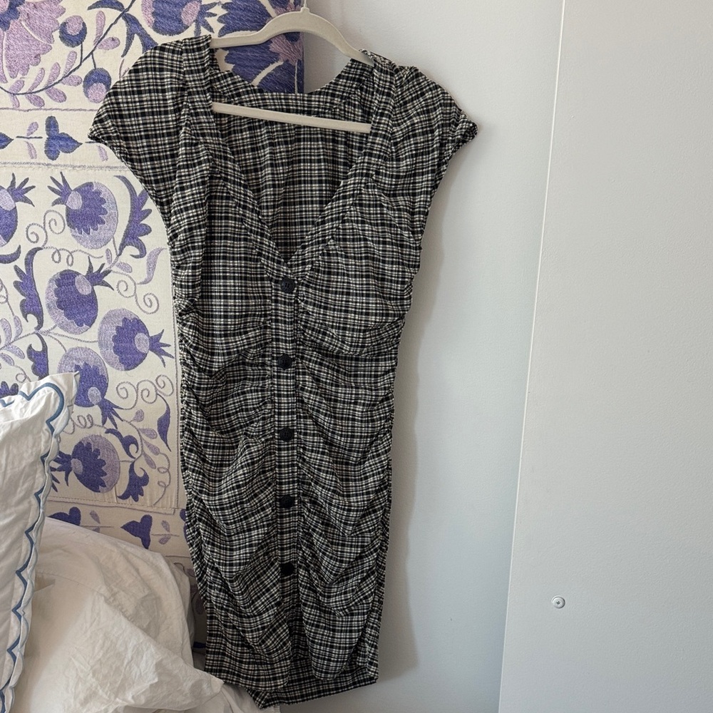 Ganni Black and White Plaid Midi Dress with Ruched Front